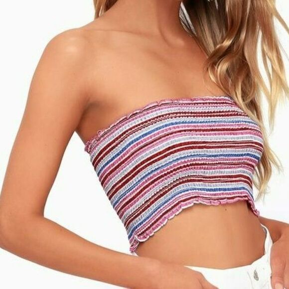 Lulus Beachy Days Red and Pink Smocked Tube Top sz M NWT - Picture 1 of 9